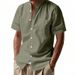 Men's Summer Loose Linen Cardigan Casual Stand Collar Beach Shirt Short Sleeve Solid Color American Style_viptrois.com