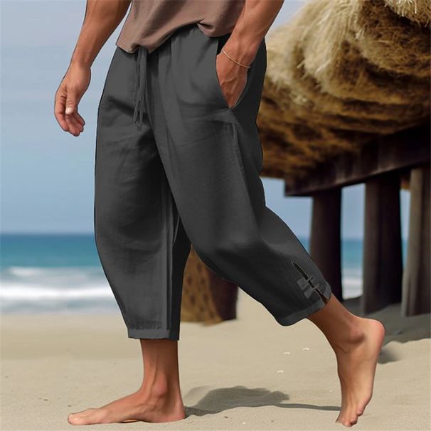 Men's Clothing Solid Color Drawstring Cotton And Linen Loose Casual Beach Casual Pants_viptrois.com