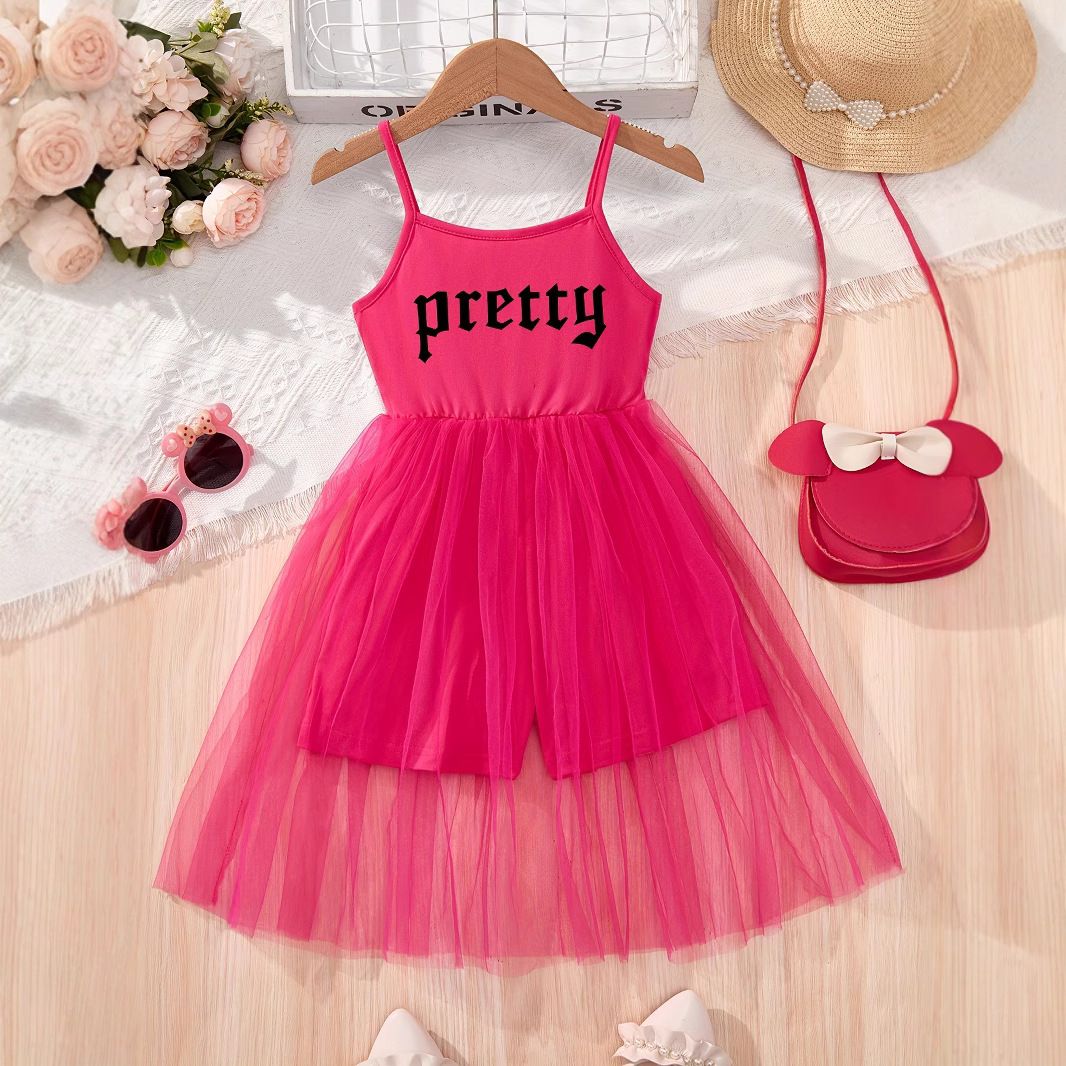 Mother & Kids INS Girls Letter Printing Mesh Splicing Suspender Jumpsuit Skirt Fashionable And Casual_viptrois.com