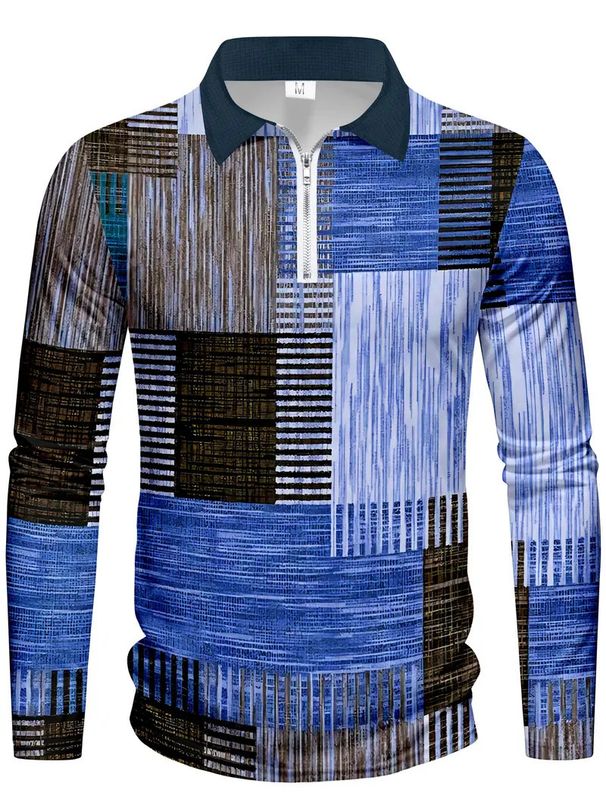 European And American Cross-Border Casual Top Retro Style Color-Block Turn-Down Collar Long Sleeve 3D Digital_viptrois.com