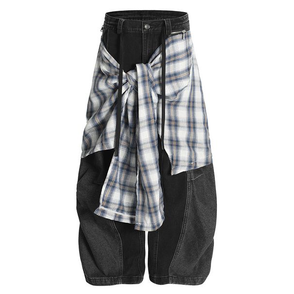 Men's Clothing American Retro Plaid Skirt Stitching Scimitar Jeans Hip Hop Wide Leg Pants For Men And Women_viptrois.com
