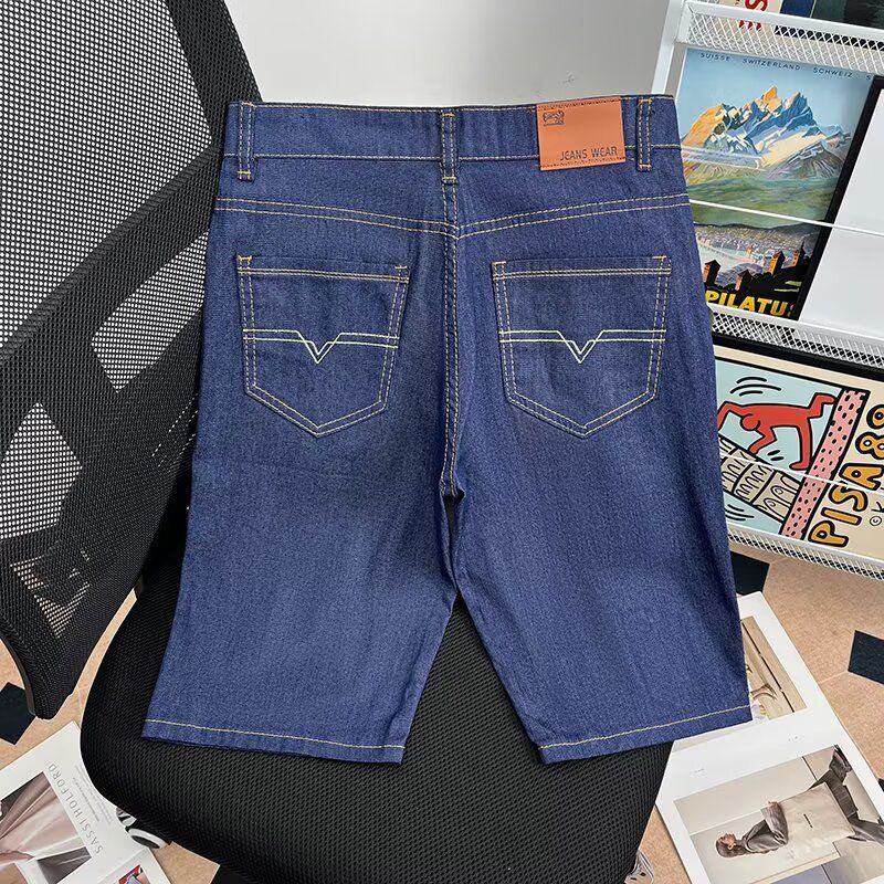 Summer Thin Men's Denim Shorts Casual Straight Leg Loose Fit Mid-Length Five-Pocket Stretch Riding Pants_viptrois.com