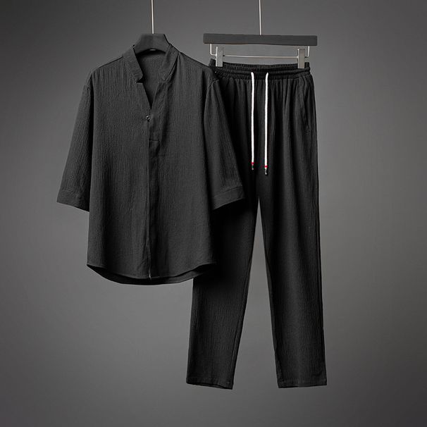 men's clothing thin three-quarter sleeve t-shirt casual suit men's summer large size loose mid-sleeve trousers cotton and linen two-piece set_viptrois.com