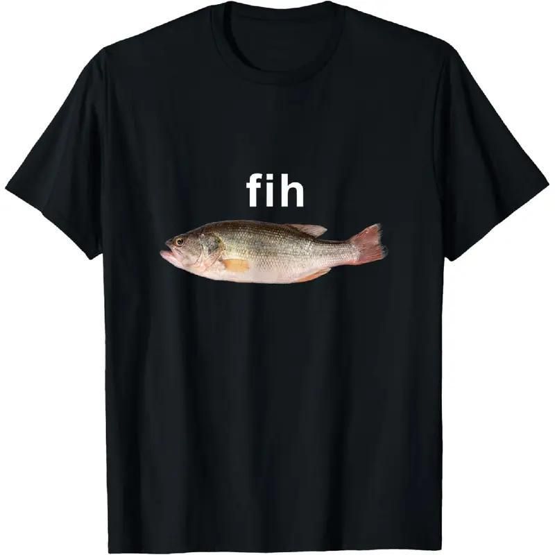 Camisetas Con Gráfico, Camiseta Casual Algodón – "Fih" Divertido Estampado Pez Mal Escrito De Manga Corta_viptrois.com