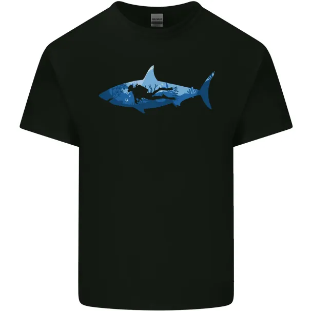 Great White Shark Scuba Diver Diving Mens Cotton T-Shirt Mens Womens Tees Top Tee Top_viptrois.com