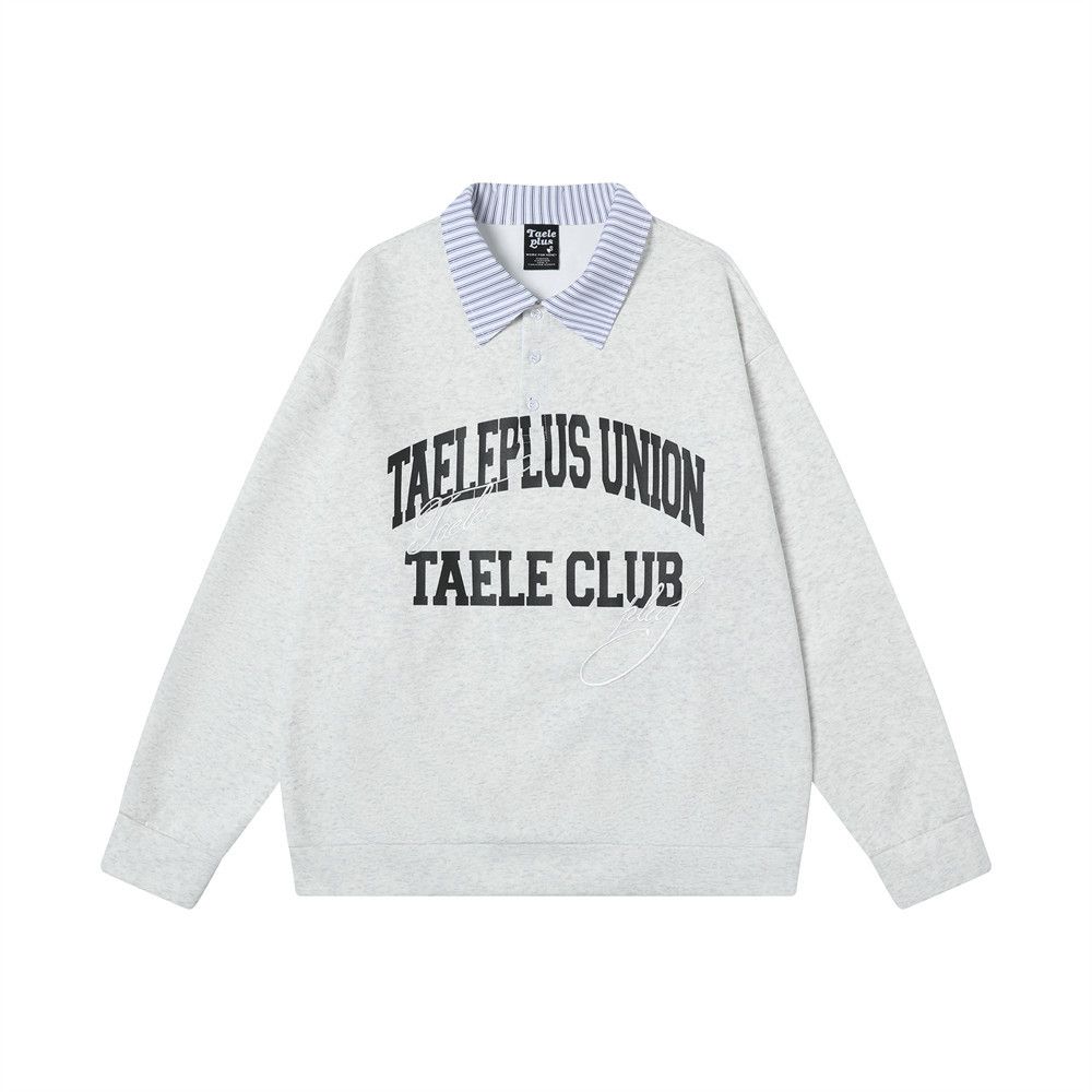 College Style Two-Piece Polo Sweatshirt American High Street Trend Letter Print Striped Turn-Down Collar Pullover_viptrois.com
