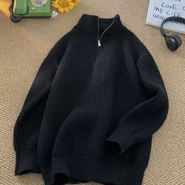 Retro High-Neck Zip Sweater – Unisex Oversized Knit Pullover (Gray/Black/Green/Beige, M-3XL)_viptrois.com