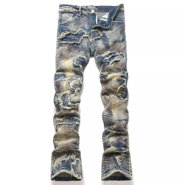 Unisex Y2K Punk Biker Stacked Flared Jeans, Mud-Wash, Layered Frayed Rips & Stripe Lining, Breathable For Summer_viptrois.com