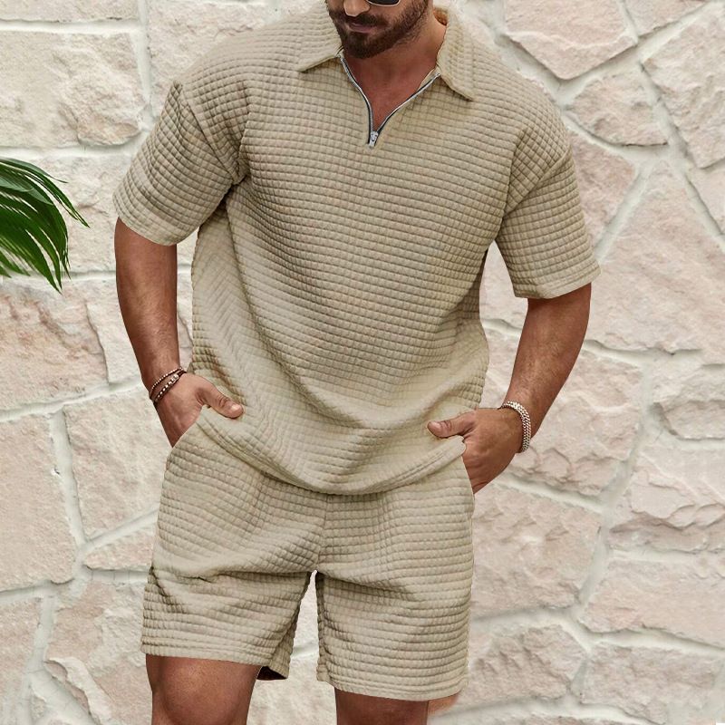 Summer New Men's Casual Fashionable Waffle Knit Solid Color Collared Shirt Trendy Comfortable Tracksuit_viptrois.com