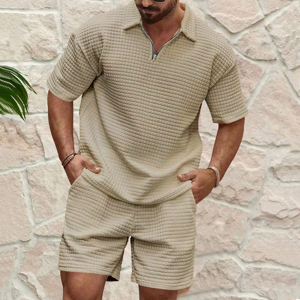 Summer New Men's Casual Fashionable Waffle Knit Solid Color Collared Shirt Trendy Comfortable Tracksuit_viptrois.com
