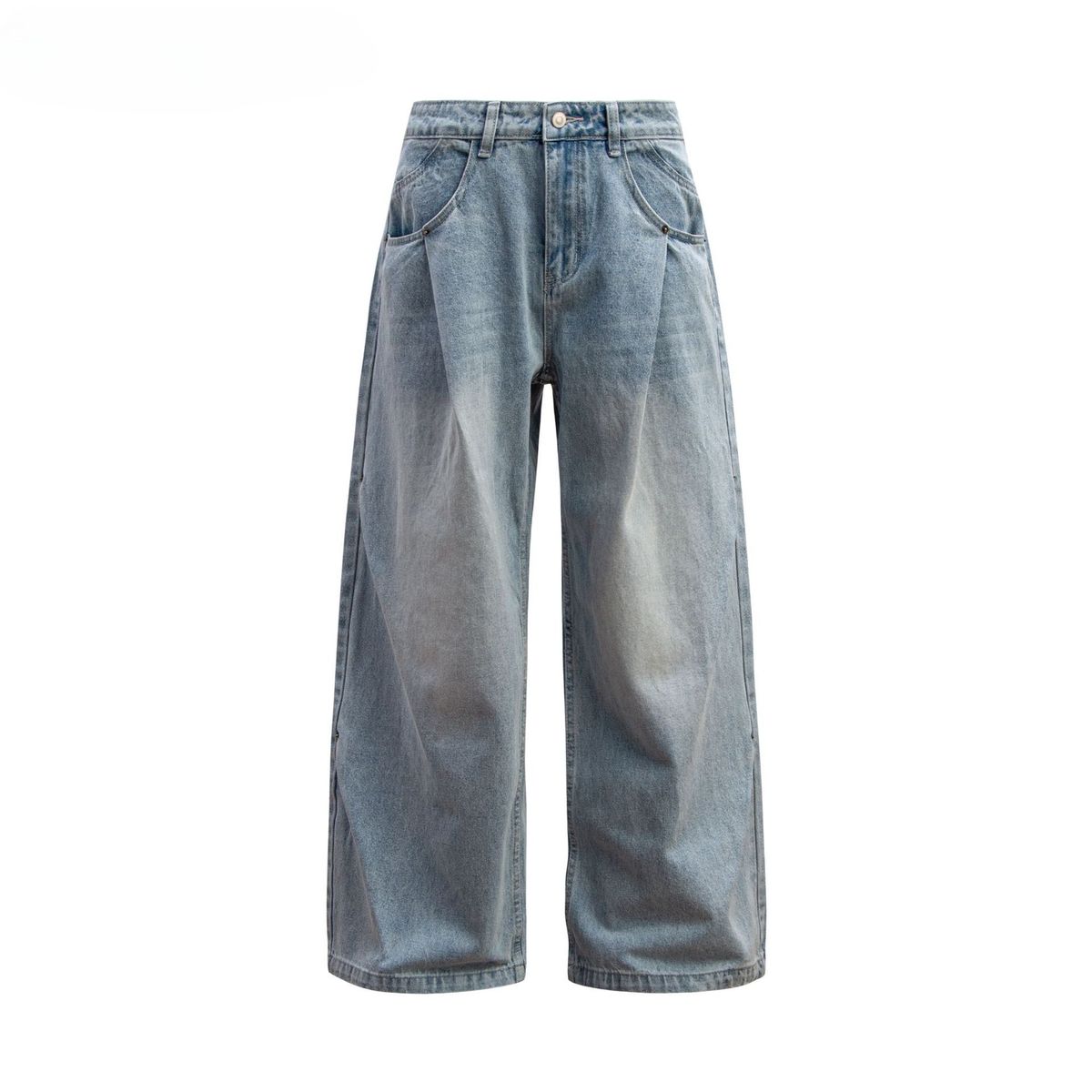 Men's Clothing Retro Washed Old Double Pleated Jeans Trendy Loose Baggy Wide Leg Mopping Casual Trousers_viptrois.com