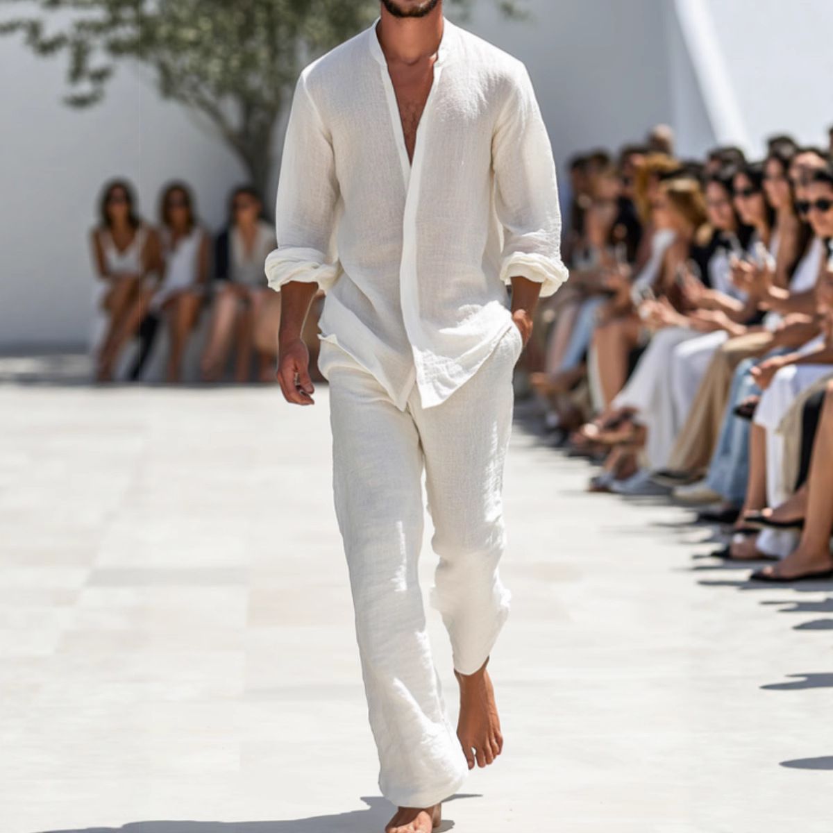 Men's Linen Workwear Style 2-Piece Set - Breathable Long Sleeve Shirt And Relaxed Fit Pants For Casual & Outdoor Wear_viptrois.com