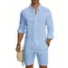 Men's Linen Blend Long Sleeve Shirt & Cargo Shorts Set | Relaxed Fit Multi-Pocket Workwear Style Summer Outfit_viptrois.com