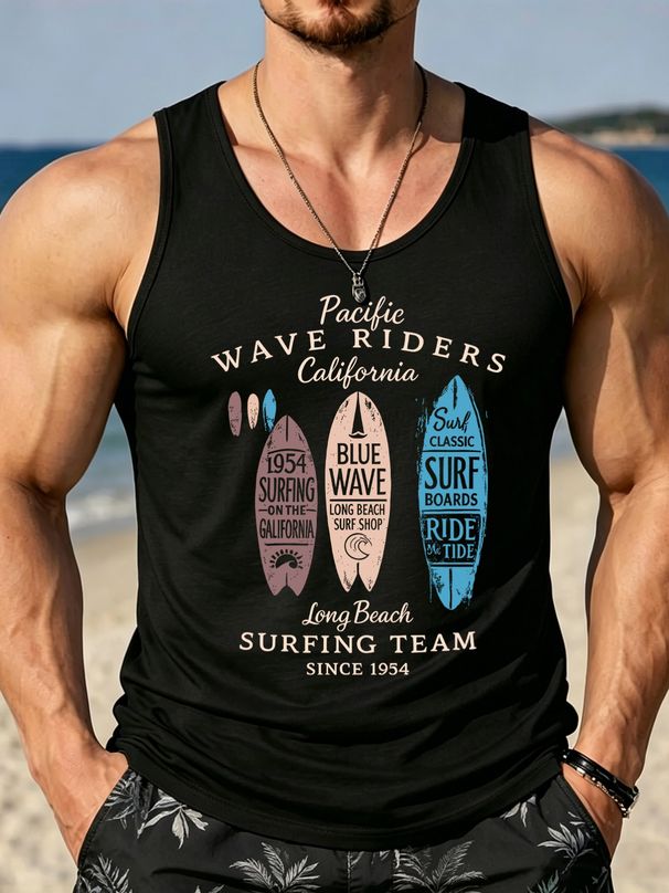 Canotta Uomo Girocollo 100% Cotone Stampa Surf Traspirante Senza Maniche Fitness Casa Spiaggia Vacanze Multicolore_viptrois.com