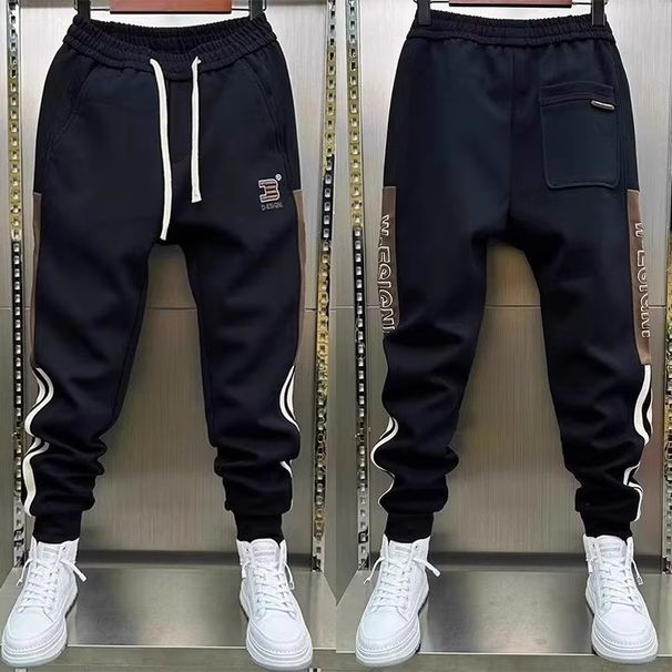 Men's Fleece Lined Thickened Casual Sports Jogger Pants Luxury Embroidered Slim Fit Sweatpants Style Black For Autumn Winter_viptrois.com