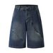 Men's Clothing Zipper Denim Shorts Loose Retro Distressed Blue Straight Shorts_viptrois.com