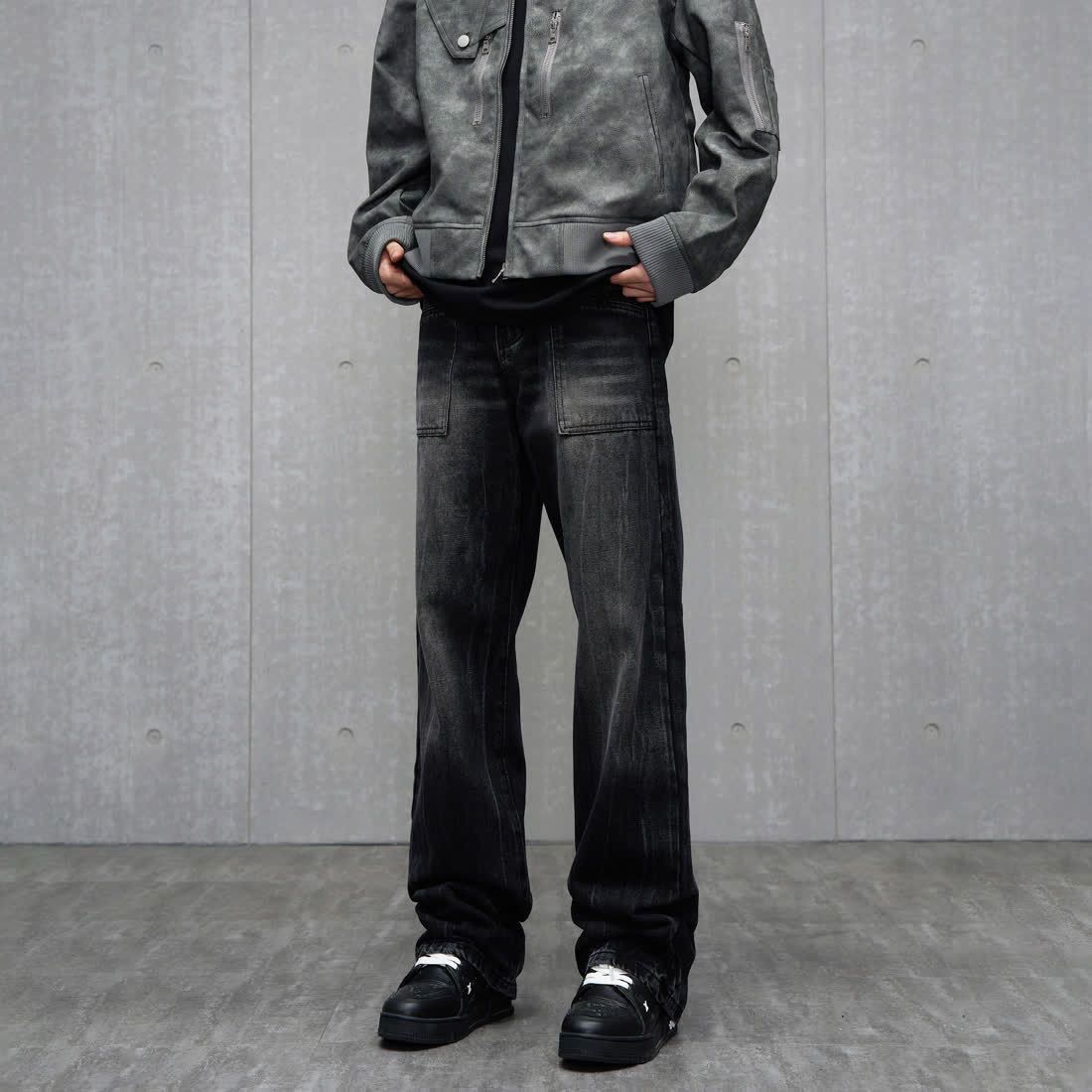 Retro American Style Washed Black Straight Leg Jeans, Loose High Street Workwear, Vibe Street Design Pants_viptrois.com