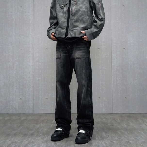 Retro American Style Washed Black Straight Leg Jeans, Loose High Street Workwear, Vibe Street Design Pants_viptrois.com