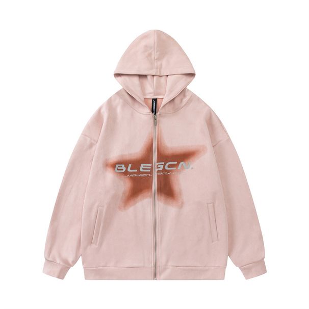 American High Street Five-Pointed Star Print Hooded Jacket Spring And Autumn Men's Style Vibe Trendy Casual Loose Zipper_viptrois.com