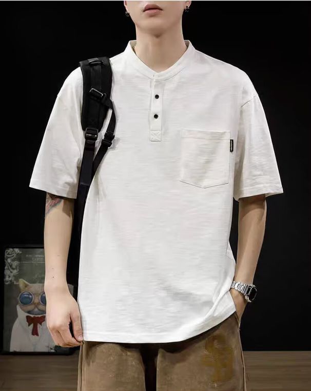 Classic Retro Henley Collar Short-sleeved Polo Shirt Men's Summer Cotton T-shirt Loose Americana Workwear T-shirt_viptrois.com