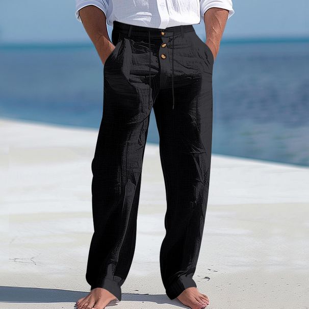 Men's Clothing Cotton And Linen Pants Button Decoration Drawstring Summer Beach Pants Straight Solid Color Comfortable Breathable Trousers_viptrois.com