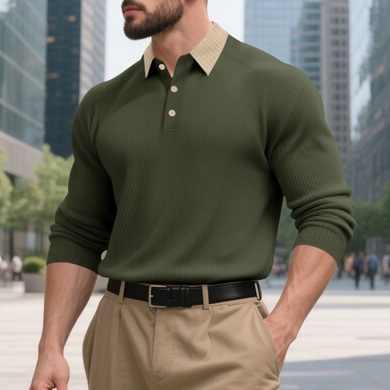 Men’s Ribbed Knit Polo Shirt – Relaxed Fit Long Sleeve Button-Up Casual T-Shirt (S-XXXL, French Textured Fabric)_viptrois.com