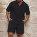 Men's Clothing Casual Trend Fashion Comfortable Waffle Solid Color Lapel Shirt Sports Suit_viptrois.com
