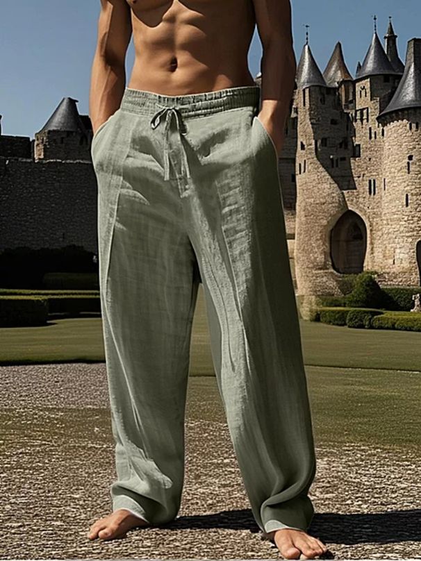Loose Casual Linen Straight Pants Holiday Leisure Men's Solid Color Versatile Beach Trousers_viptrois.com
