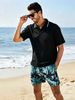 Men's Contrast Collar Striped Textured Polo Shirt, Casual V-Neck Short Sleeve Top_viptrois.com