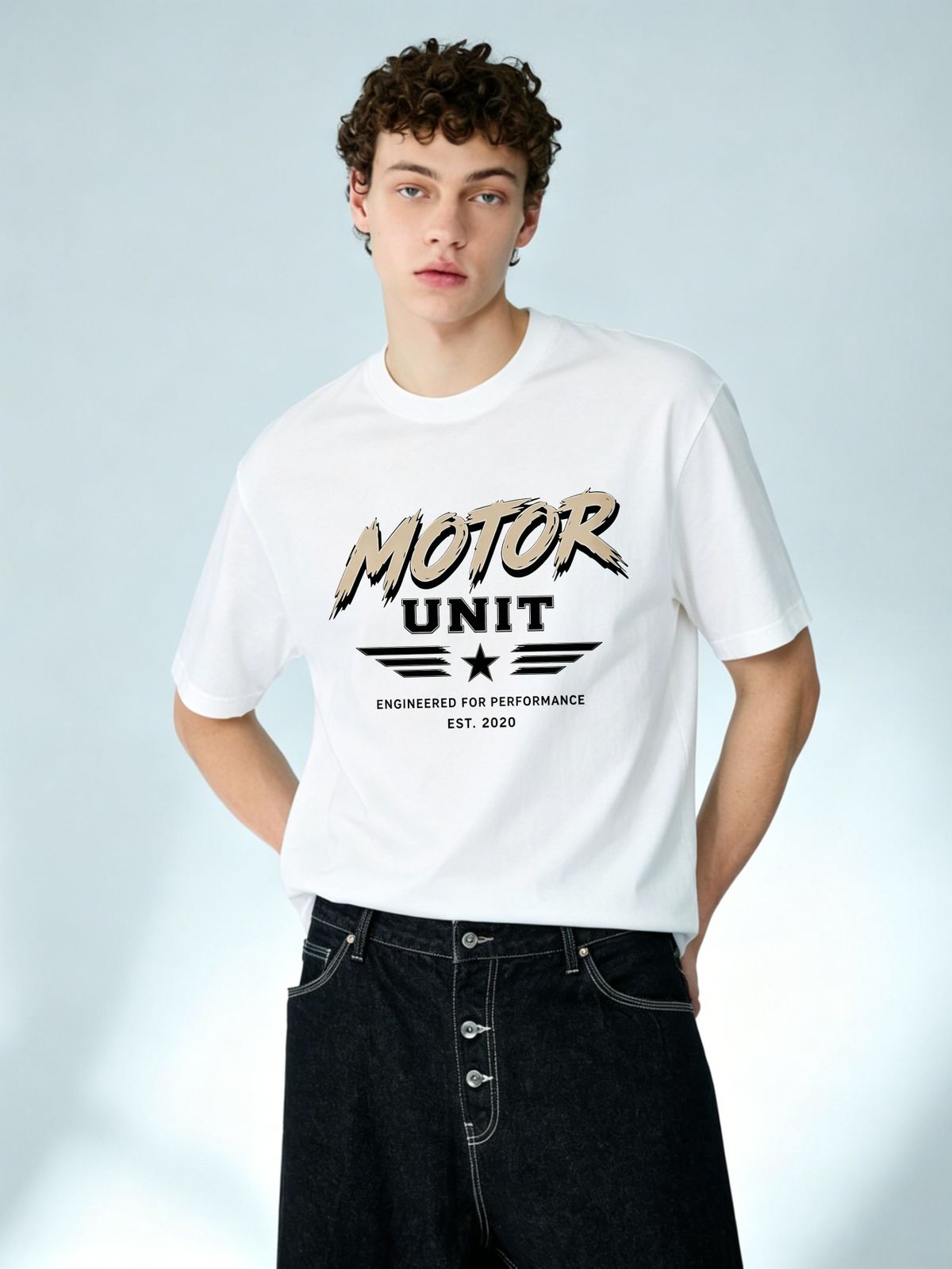 Retro Heavyweight Oversized Motor Unit Printed T-Shirt Men's Urban Streetwear Tee_viptrois.com