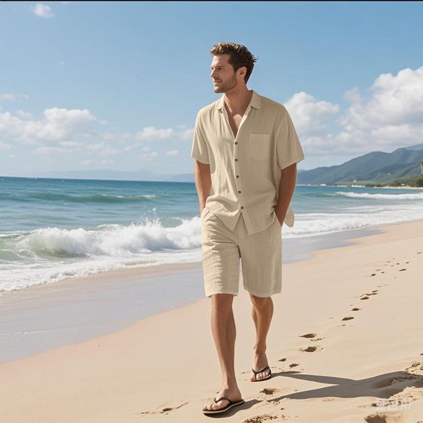 Men's Summer Linen Casual Shirt And Shorts Set American Simple Solid Color Loose Fit Breathable Comfortable_viptrois.com