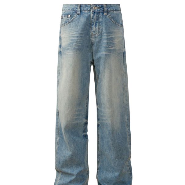 Men's Clothing Retro Washed Cat Whisker Clean Fit Straight Wide Leg Jeans Trendy Men And Women Loose Casual Trousers_viptrois.com