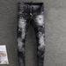 Men's Clothing Fashion Retro Men's Ripped Jeans Old Black And Gray Paint Printing And Dyeing Slightly Elastic Slim Fitting Skinny Jeans For Men_viptrois.com