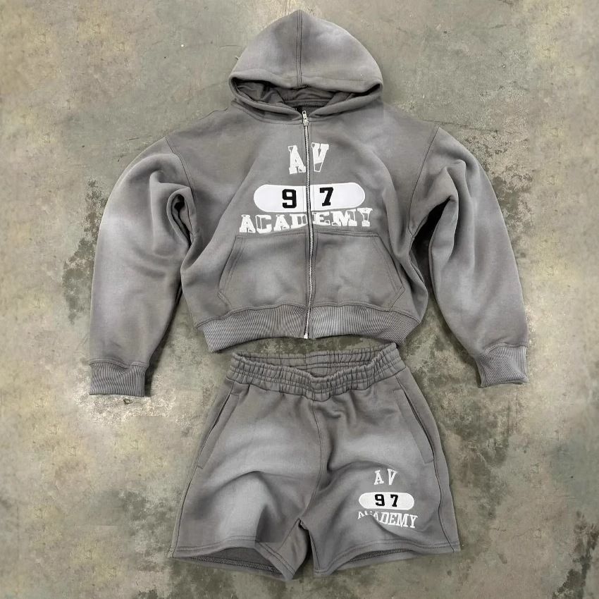 Men's Washed Distressed Tracksuit Hip Hop Style Long Sleeved Hooded Cardigan Zip up European American Streetwear_viptrois.com