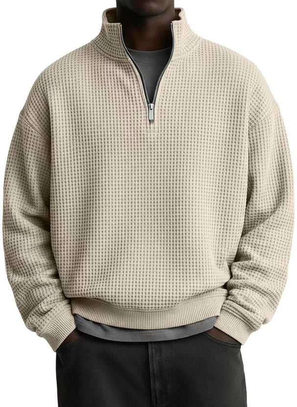 Men's Casual Long Sleeve Pullover Sweatshirt - Lightweight Waffle Knit Stand Collar Top, Slim Fit Ribbed Hem, Solid Color Streetwear For Urban Style_viptrois.com