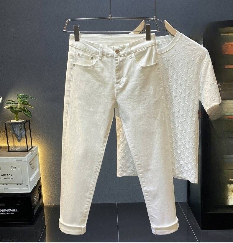 Men's Clothing New High End Black Nine Point Jeans Men's Slim Straight Trendy Brand Small Feet Casual Long Pants_viptrois.com