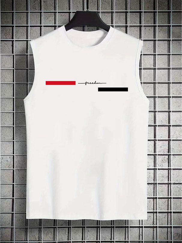 100% Pure Cotton Men's Summer Casual Sports Fitness Loose Freedom Letter Pattern Printed Breathable Round Neck Sleeveless Vest_viptrois.com
