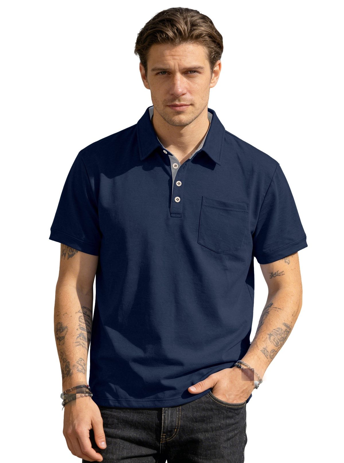 2026 Spring/Summer Men's Collar-Pocket Solid Color Business Casual Short-Sleeved Loose Polo Shirt Men_viptrois.com