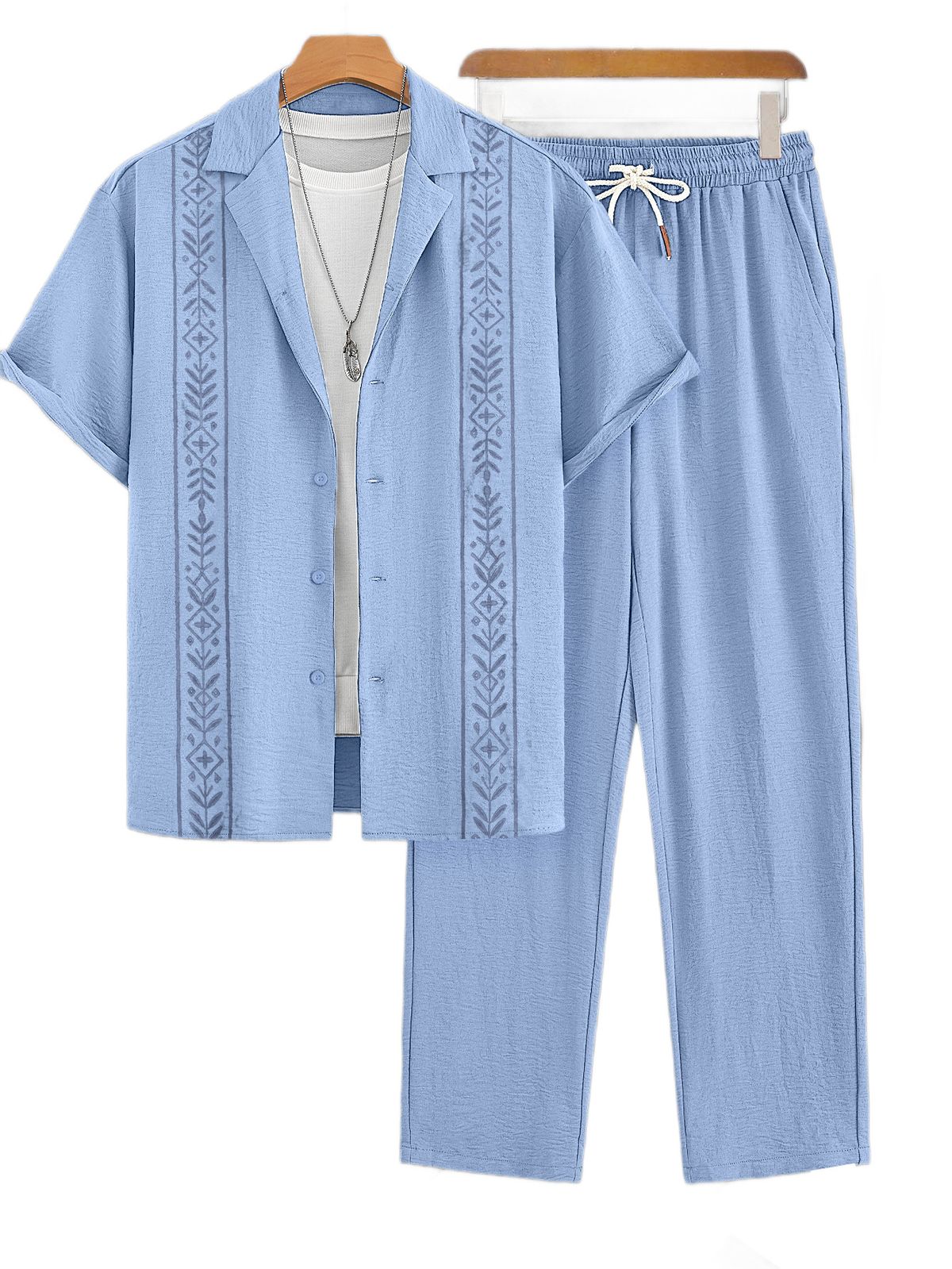 Summer New Men's Cuban Collar Shirt Set Thin Breathable Casual Vacation Style Short Sleeve Long Pants Two-Piece Suit_viptrois.com