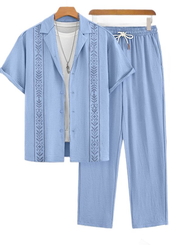 Summer New Men's Cuban Collar Shirt Set Thin Breathable Casual Vacation Style Short Sleeve Long Pants Two-Piece Suit_viptrois.com