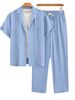 Summer New Men's Cuban Collar Shirt Set Thin Breathable Casual Vacation Style Short Sleeve Long Pants Two-Piece Suit_viptrois.com