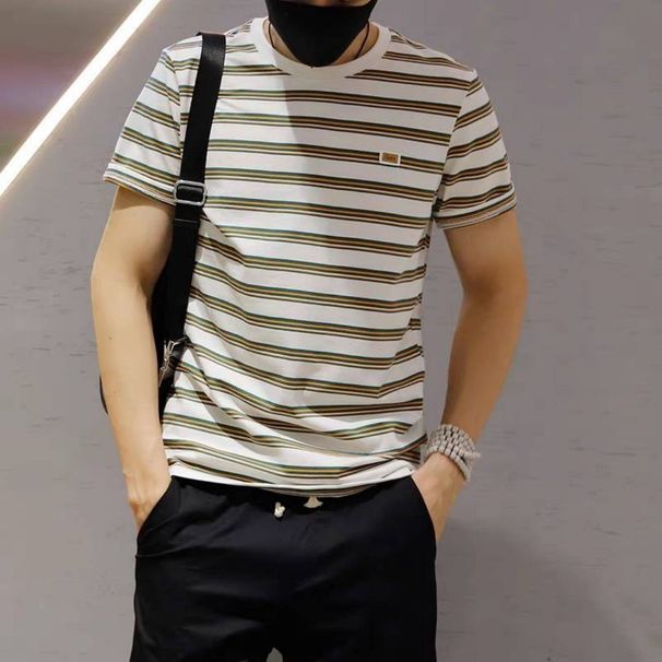 Short Sleeved Striped T-shirt Men's Summer Round Neck Pullover Casual Half Sleeved Top Artistic Youth Slim Fit Trend Base Shirt_viptrois.com