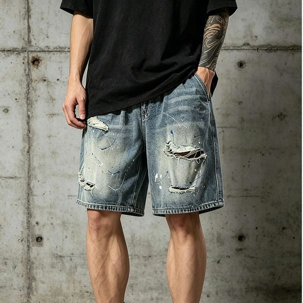 Men's Clothing Men's Summer Denim Shorts Style Trendy High Street Heavyweight Distressed Ripped Drawstring Loose Fitting Casual Five Quarter Length_viptrois.com