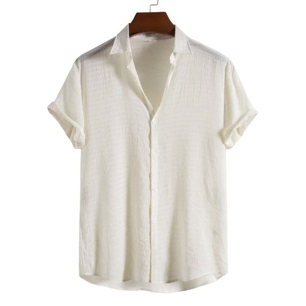 European And American Cross-Border Hot-Selling Rayon Fashion Trend Solid Color Dark Grid Short Sleeve Men's Shirt_viptrois.com