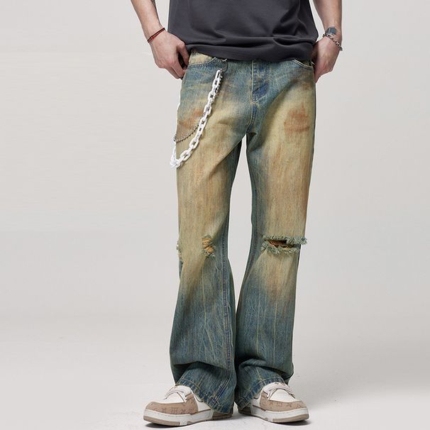 Vintage Yellow Mud-Dyed Ripped Jeans For Men American High Street Fashion Loose Straight-Leg Draped Dad Long Pants_viptrois.com