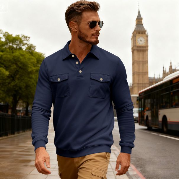 Men’s Heavyweight Long-Sleeve Polo Shirt – Winter Casual & Sports Top With Multi-Pocket Design (Navy/Black/Army Green, S-XXXL)_viptrois.com
