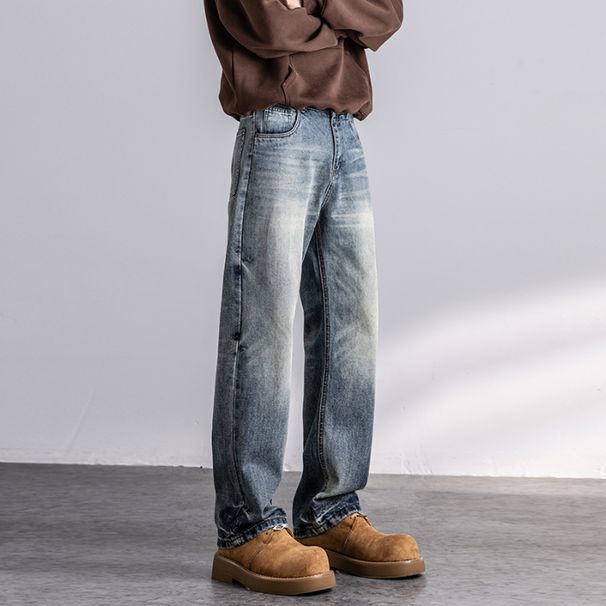 Autumn New Jeans Men's Fit Straight Tube Loose Trendy Brand American Washed Middle Waist Youth American Retro Double Craft_viptrois.com