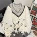 "Unisex V-Neck Gradient Knit Sweater – Retro Streetwear Oversized Pullover With Breathable Fabric (White/Grey, M-2XL)"_viptrois.com