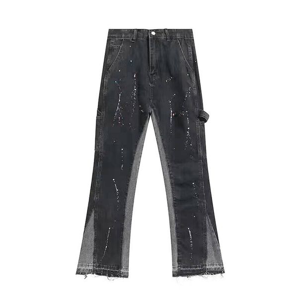 Men's Clothing Trendy High Street Ink Splashed Splicing Vibe Style Flared Jeans For Men And Women Ins Loose Floor Length Straight Trousers_viptrois.com