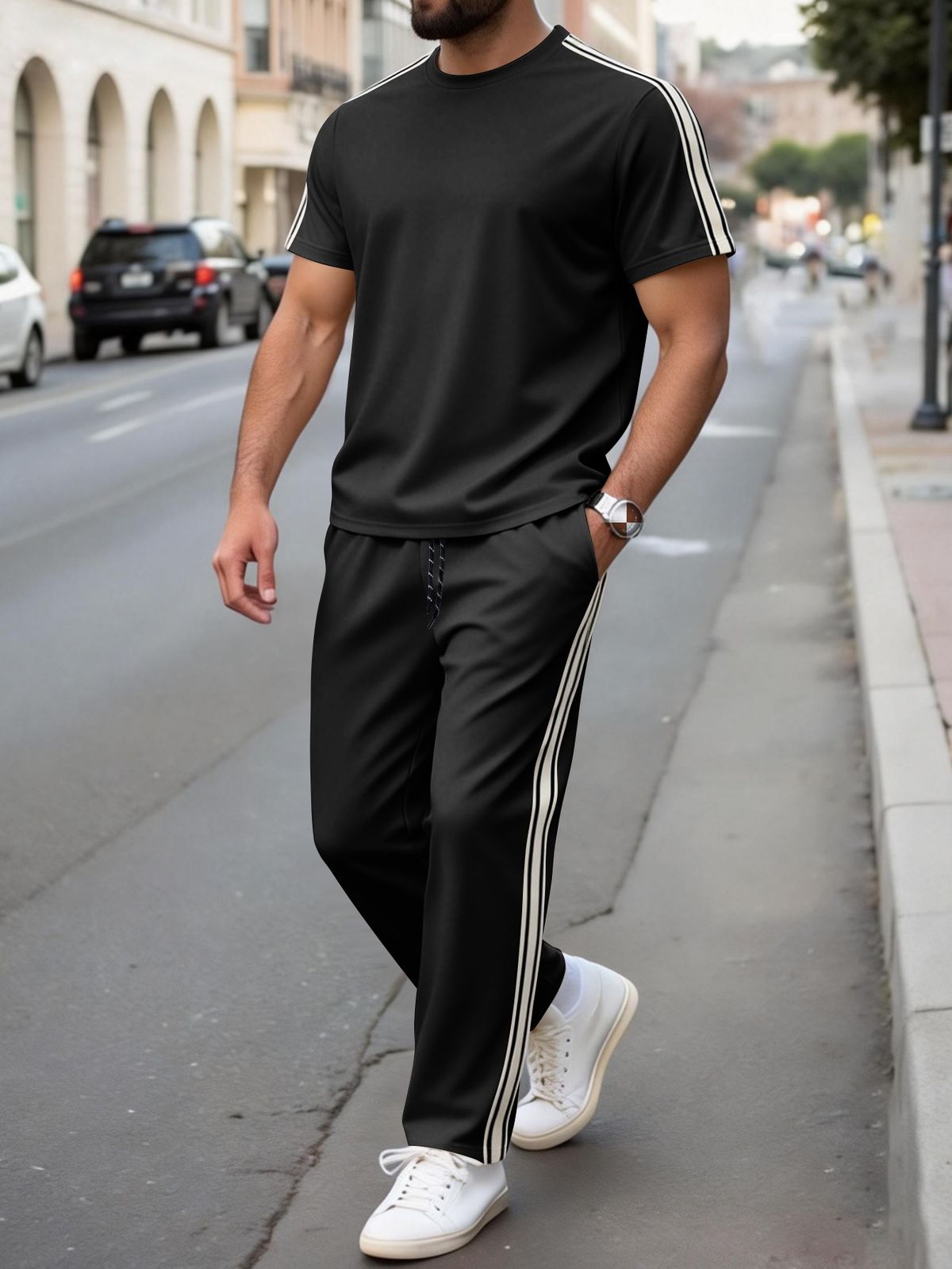 New Summer Style Men's Casual Suit With Decorative Strips, Versatile Short-sleeved Long Pants, Sports Outfit For Men_viptrois.com